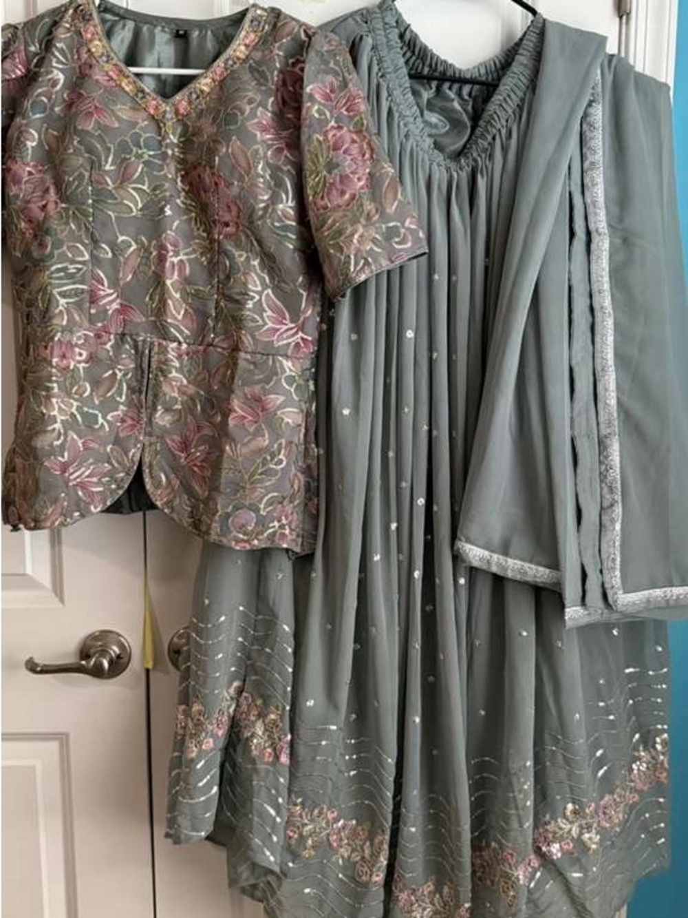 Embroidered Sage Green 3-Piece Ethnic Set with Pink Floral Accents